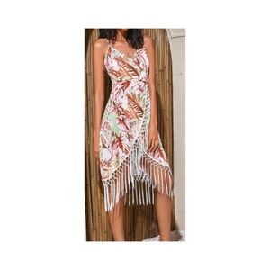 Tropical Print Fringe Trim Cami Dress